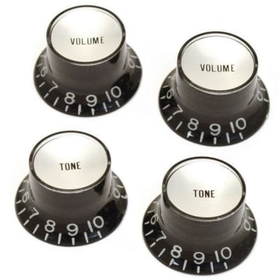NEW Set 4 BLACK Bell Top Hat KNOBS w Silver Reflector for Gibson USA Pots 1/4 inch Tone Volume